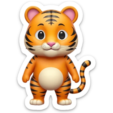 Cute tiger emoji, full body, standing pose, smiling face, big round eyes, orange fur with black stripes, chubby and adorable, short legs, small ears, 3D emoji style, smooth shading, bright colors, simple clean design, transparent background sticker