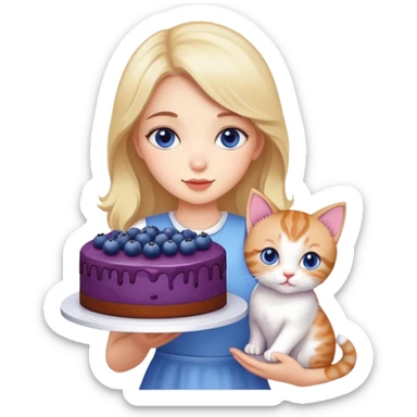 Beautiful girl holding a big blueberry cake and a kitten in her hands sticker
