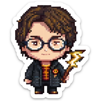 Harry Potter character with glasses and lightning bolt scar in pixel art style sticker