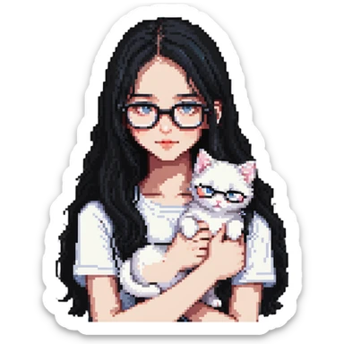 Beautiful girl with long black hair and glasses holding a white kitten sticker