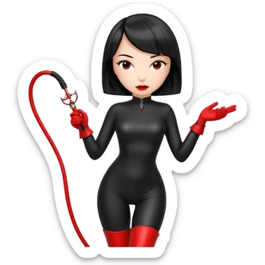 madam with straight bob black hairstyle in black latex with red whip in hand sticker
