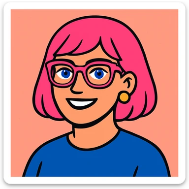 Make her look younger, no fringe on the pink bob haircut, add pink glasses and blue eyes, keep pink salt background, vibrant toon style sticker