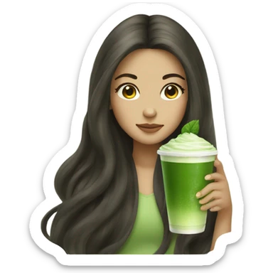 girl with long volume hair drinks matcha sticker