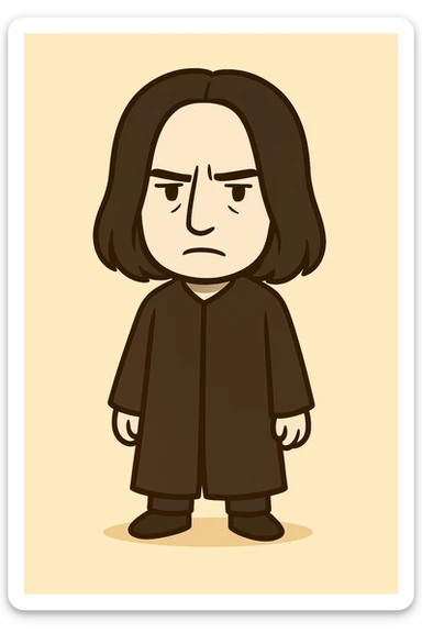Full body illustration of Severus Snape in a cute, cartoon, simplified style similar to the Voldemort example. Features include long straight black hair, serious expression, long black robe, with strong black lines and soft colors. sticker