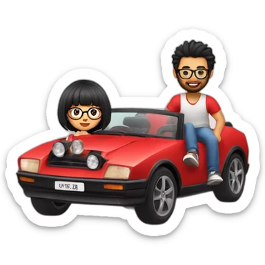 man with black hair and beard drive a red sportive car. A girl is settled near him. The girl wear glasses and she have black hair with bangs sticker