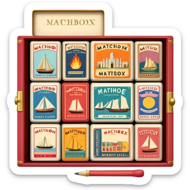 Icon for Matchbox Collecting: a collection of vintage and colorful matchboxes from different places, neatly displayed in a row or in a display case. The icon should reflect the uniqueness and diversity of matchbox collecting. Transparent background. sticker