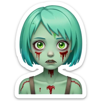 cartoon zombie girl with short turquoise hair bob cut, green decaying skin, bloody scars sticker