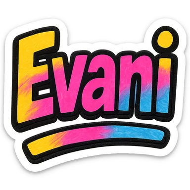 Evani name in modern colorful gradient font with dark outline, dynamic slanted or partial underline, in the style of reference patterns sticker