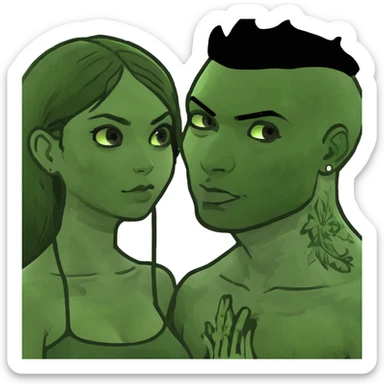 girl with black hair on top of with guy with tattoos and dark brown hair white skin sticker