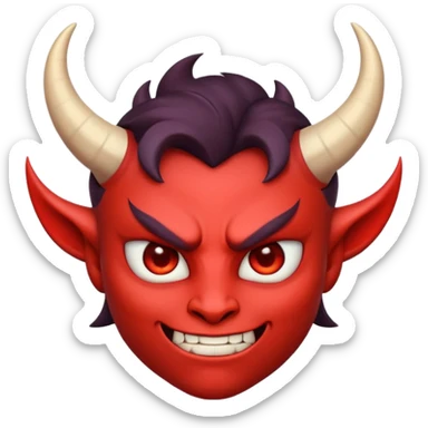 Demon cartoon emoji character, confident and edgy expression, sharp eyes, subtle smirk, small curved horns, clean stylized face, not cute, not scary, balanced dark and saturated colors, bold shapes, modern emoji-style illustration, high contrast, strong character presence sticker