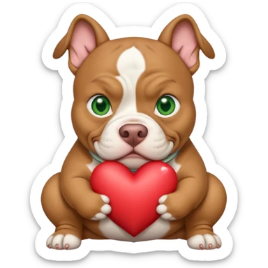 Tan and white American xl bully with green eyes and stocky head cropped ears Holding a heart sticker