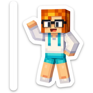 Extract only the fifth character from the left with orange hair, glasses, and blue shorts, keep the original Minecraft cartoon style and appearance, place on a transparent background. sticker