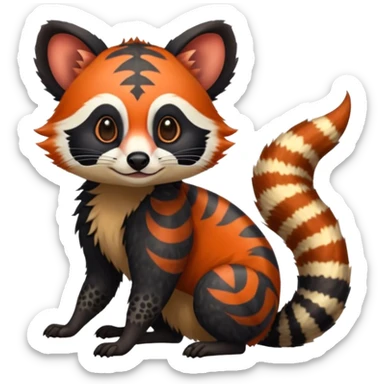 A beaked Colorful exotic tropical tribal cute happy realistic esoteric patterned fluffy furry dark civet-cacomistle-genet-red-panda-oncilla-Fakémon-fursona-hybrid-fusion-animal-creature, full body, 4-legged sticker