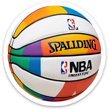 white Spalding basketball with NBA logo, featuring colorful lines on the surface sticker