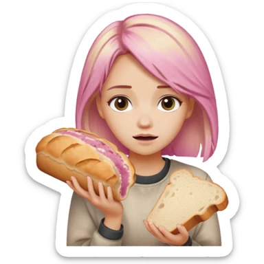 Maddie with pink blonde ombré hair drooling over sourdough bread loaf sticker