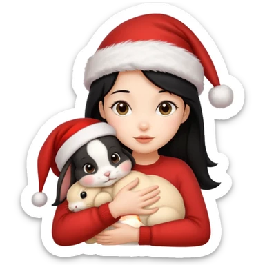 Girl black hair hugging one beige rabbit christmas sticker