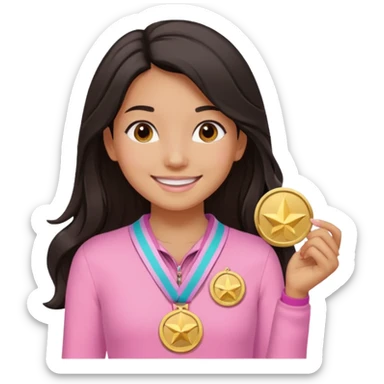 black haired girl wearing pastel pink with one medal, remove any hats, make her smile, make her hair longer, make her tan sticker