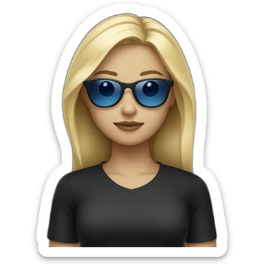 blonde girl with blue sunglasses and a black shirt with a smug facial expression sticker