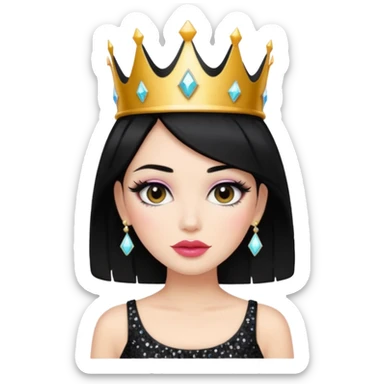 Chica con pelo negro y labios gruesos maquillada hermosa con una corona de brillos y un top negro moderno  sticker