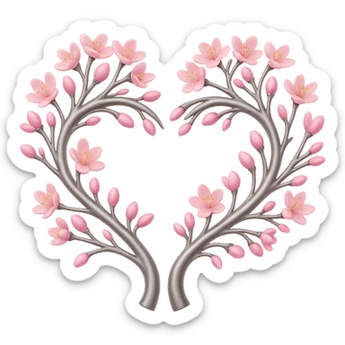 Make the silver details on the heart entwined with sakura branches more prominent in the style of apple emojis. Keep the style consistent with apple emoji style and ensure no background (transparent). sticker