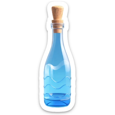 very realistic 3D transparent glass bottle with a cork, bottle shape resembling a sound wave or microphone, inside light blue elixir, no text sticker