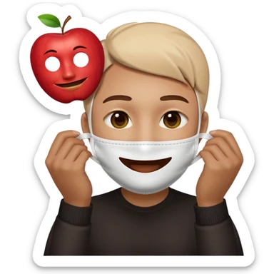 character holding a happy face mask in front of its face, but behind the mask the character has a sad expression, apple emoji style sticker