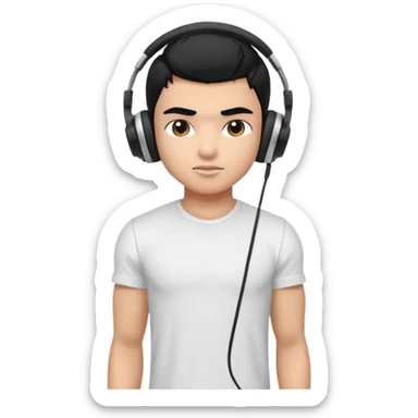 a pretty bratz fair indian boy with black hair. lean but muscled, wearing a white tshirt. headphones on sticker