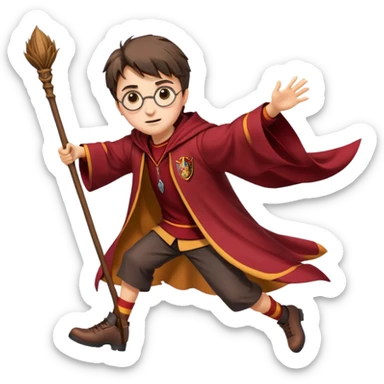 Cartoon-style illustration of Harry Potter flying on a broomstick, Gryffindor red and gold outfit, expressive face, dynamic motion, magical vibe, smooth shading, vibrant colors, no background, transparent background, isolated character. sticker