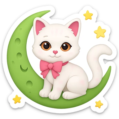 Add small yellow stars around the green moon, keep the cute kitten with pink bow, in emoji style with no background. sticker