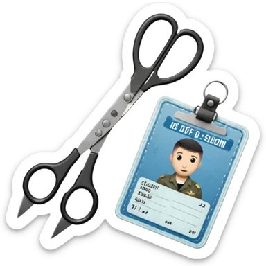 Floating black Scissors cutting in half an idf soldier ID card in 2 parts .hyper realistic sticker