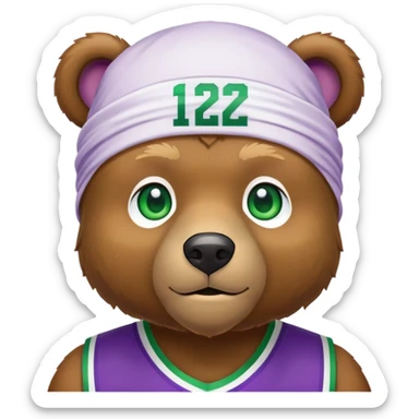 Stylish brown bear with green eyes wearing a white durag and purple and gold basketball jersey visible only to the shoulders, iOS emoji style sticker