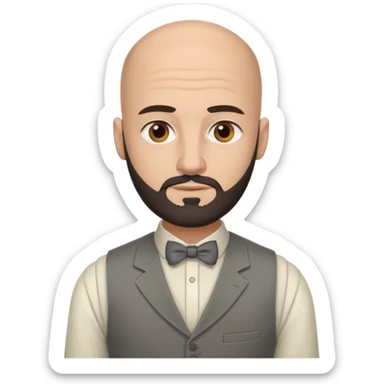 bald headed brown eyes groom with dark beard cream shirt grey vest sticker