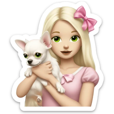 pale blond girl with long platinum hair with green eyes holding a white chihuahua puppy that wearing a pink bow sticker
