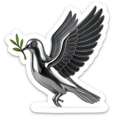 Make the branch in the pigeon's beak green while keeping the rest of the image in chrome style, no background. sticker