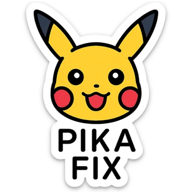 icon of Pikachu's head with the text 'PIKA' in uppercase below and 'FIX' in uppercase below that, clear and cute style sticker