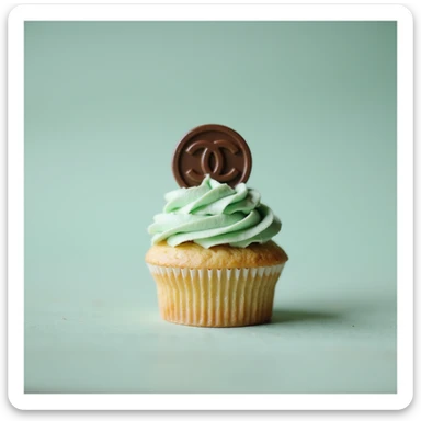 photorealistic pastel mint Chanel cupcake with a chocolate Chanel logo disk, elegant, no background sticker