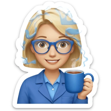 Blonde haired women with blue glasses and a brown worksuit on holding a blue mug of tea and smiling.  sticker