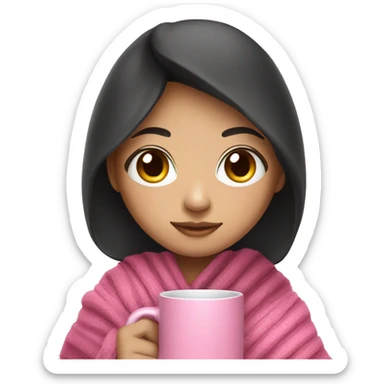 Asian girl with dark hair wearing a blanket and holding a pink mug sticker