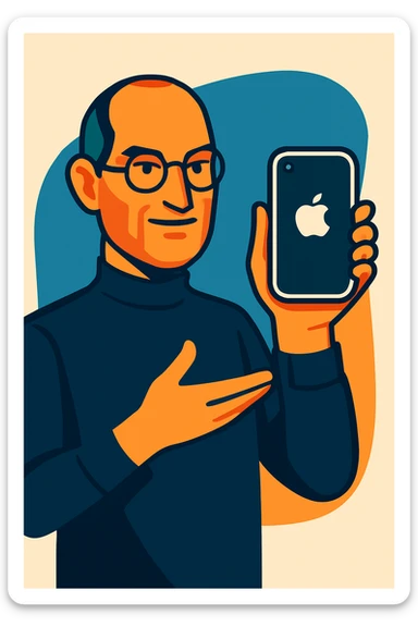 Add a modern style Apple logo to the iPhone Steve Jobs is holding, maintaining the modern illustration style of the image. sticker