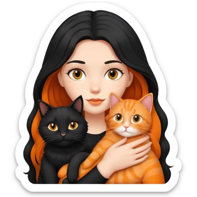 A black long haired girl holding a black cat and an orange long haired cat sticker