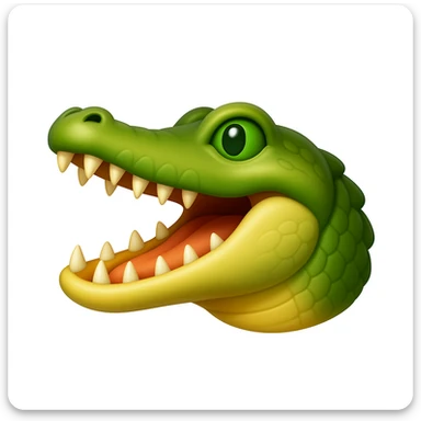 Create a crocodile emoji that looks exactly like the reference image in iOS emoji style. The emoji should be 3D with shiny, smooth gradients, soft shadows, and a realistic crocodile head with green scales and an open mouth, capturing the classic emoji look. Add a subtle highlight to the scales. sticker