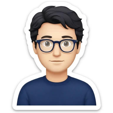 Caucasian man with black wavy hair wearing glasses and a long sleeve navy blue sweater sticker