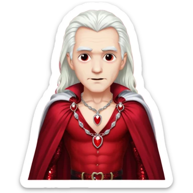 Dracula with long white hair, dark red sequin baggy pants, shirtless with necklace, dark red sequin cape sticker