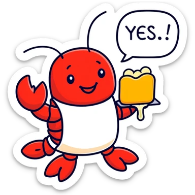 A smiling red lobster with a food bib, holding a Twinkie that has cream coming out of it with the Twinkies bubble word caption saying yes, squeeze me sticker