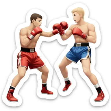 An icon symbolizing kickboxing, featuring two fighters in the ring. One throws a powerful high kick, while the other counters with a punch. The background shows a boxing ring with ropes and a crowd in the distance. Transparent background emphasizes the dynamic energy sticker