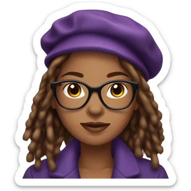 Beautiful brown skin woman with brown eyes, long locs, wearing cat eye glasses and a purple beret and coat sticker