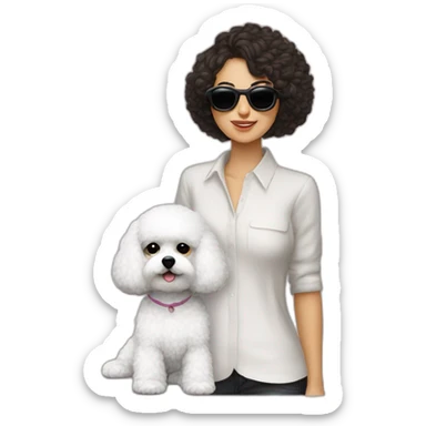 mujer cabello obscuro largo gafas y perro bichon maltés blanco sticker