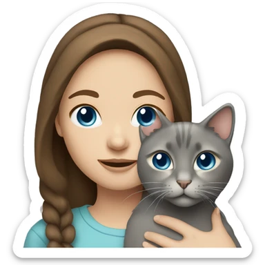 Girl with brown hair and blue eyes holding gray cat sticker