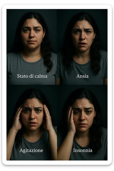 vertical realistic cinematic image in Italian: multi-phase sequence showing a woman with PCOS from a calm state to increasing anxiety, agitation, and insomnia. Dramatic clinical lighting, Italian captions, aspect ratio 2:3. sticker