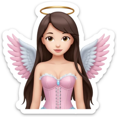 cute brunette girl, full lips, long straight hair, light makeup, pastel pink corset top, angel wings, smirk sticker